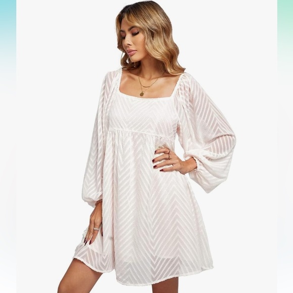 Women’s ruffle long sleeve flowy mini square neck dress NWOT - Picture 2 of 5